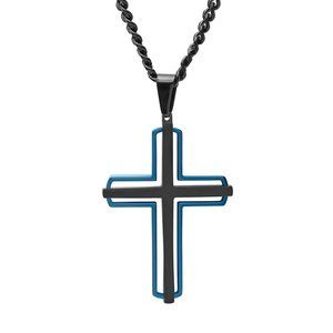 Men's Black & Blue Stainless Steel Cross Pendant